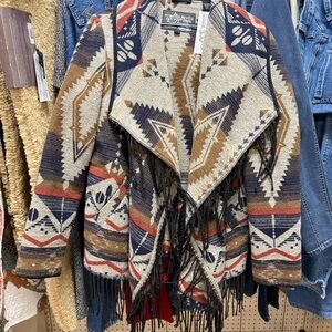 Powder River Women's Geometric Fringe Cape - Brown and Blue